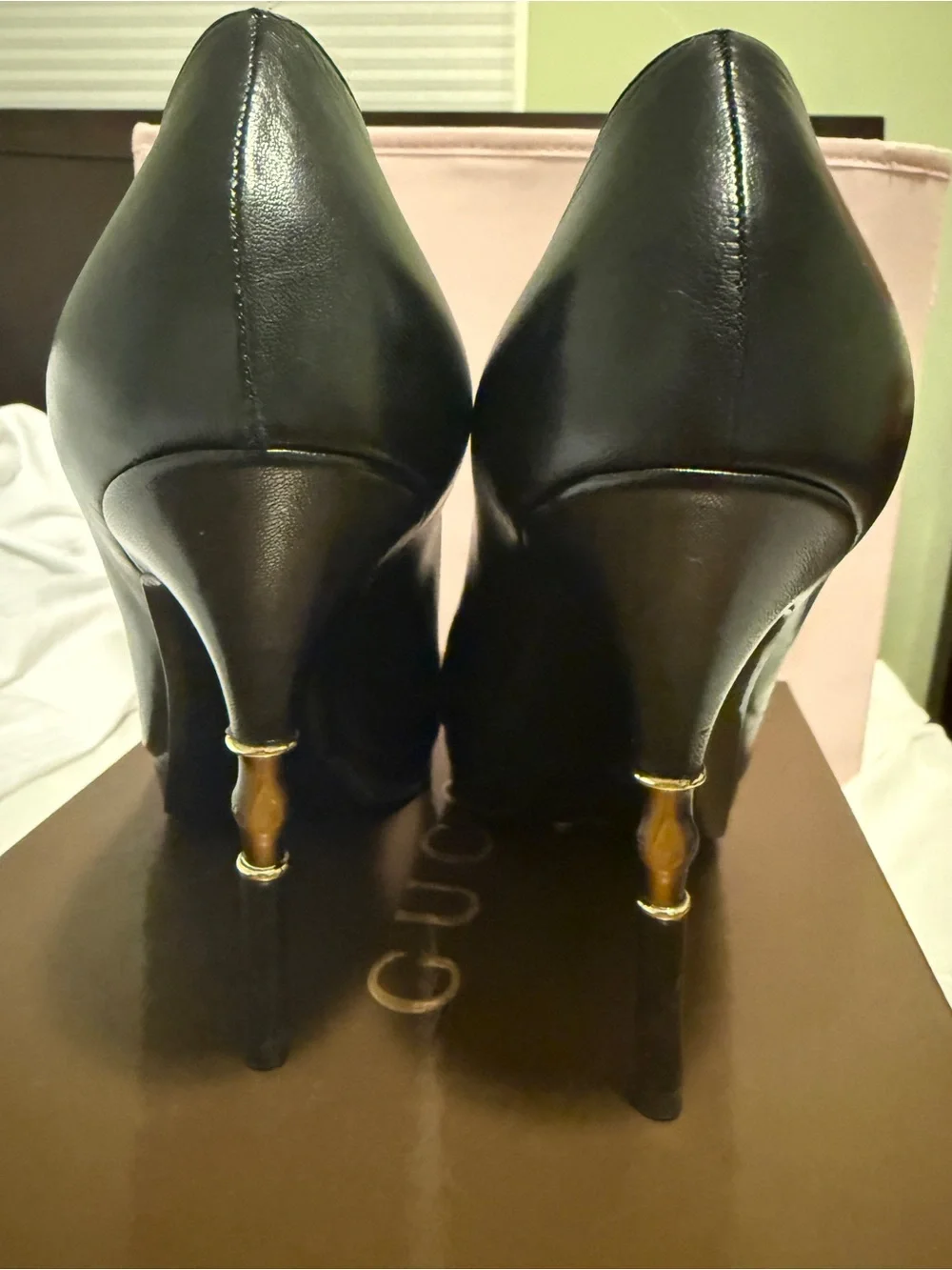 Black Leather Stiletto Pumps with Bamboo-Style Heel